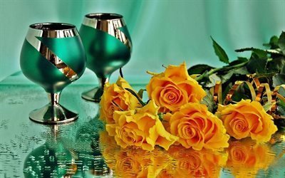 glass, yellow roses, bouquet, flowers