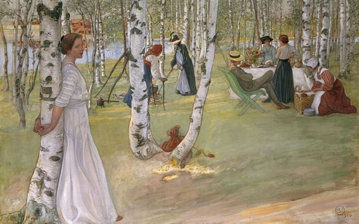 artista sueco, carl larsson, 1910, acuarela