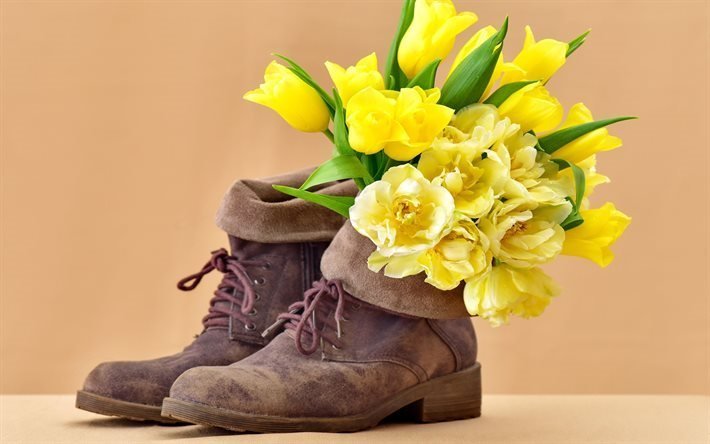 bouquet, yellow tulips, suede shoes