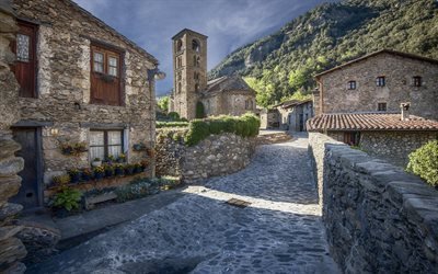 石の家, 教会, ジローナ, しめる石畳, カタルーニャ, スペイン