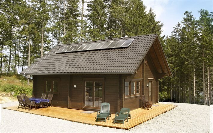cottage, wald, solar-panels