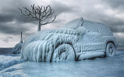 tree, winter, ice car