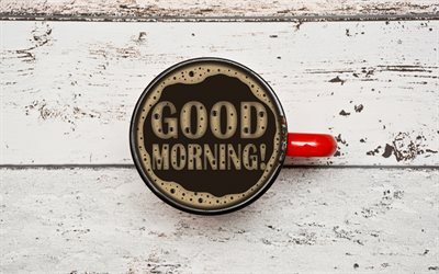 Buona mattina, una tazza di caff&#232;, di concetti, di legno, sfondo, latte art