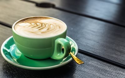 Latte art, kahve, cappuccino, yeşil bardak, bir fincan kahve ve sabah kahvaltı