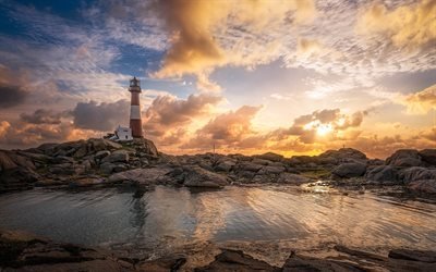 Sea, sunset, lighthouse, coast, Rogaland, Nymark, Norway