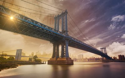 El Puente de Manhattan, Nueva York, puesta de sol, puente, USA, estados unidos, ciudad de nueva york