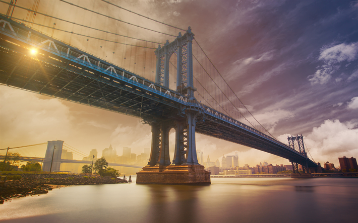 Pont de Manhattan, &#224; New York, coucher de soleil, pont, etats-unis, en Am&#233;rique, &#224; new york