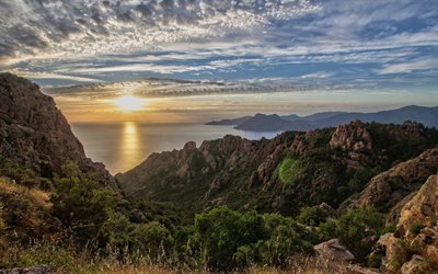 Corsica, Ilha, mar, p&#244;r do sol, montanhas, costa, Mar Mediterr&#226;neo, Piana, Fran&#231;a
