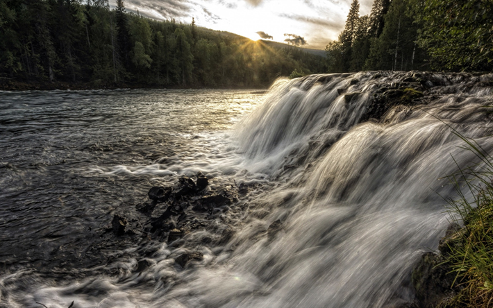 Sunset, river, forest, waterfall, Thompson-Nicola, Canada, British Columbia