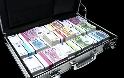 koffer mit geld, euro, banknoten, geld, berge von geld