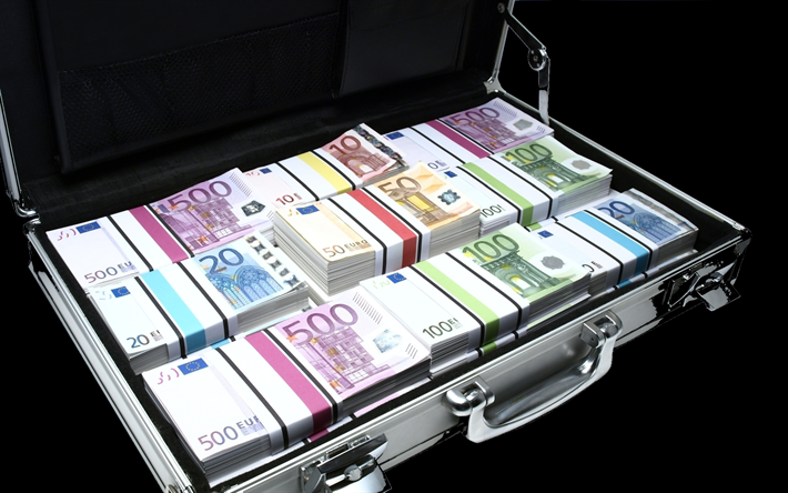 Suitcase with money, euro, banknotes, money, mountain of money