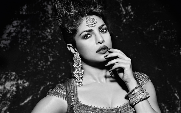 Priyanka Chopra, 2018, monocromo, Bollywood, la actriz india, sari, belleza, morena, sesi&#243;n de fotos