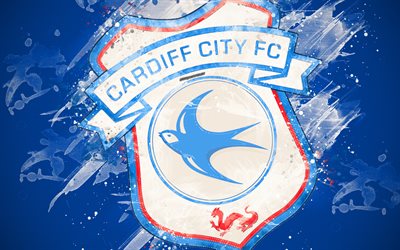Cardiff City FC, 4k, a arte de pintura, logo, criativo, Equipe de futebol inglesa, Premier League, emblema, fundo azul, o estilo grunge, Cardiff, O pa&#237;s de gales, futebol