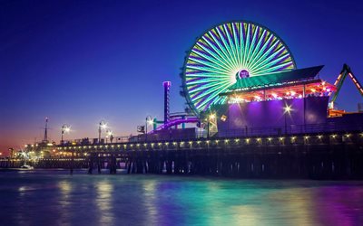 Santa Monica, beach, evening, Ferris wheel, pier, Pacific Ocean, coast, California, USA