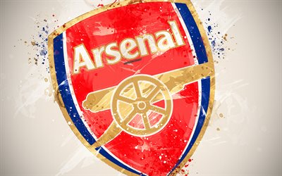 Arsenal FC, 4k, paint taidetta, logo, luova, Englanti jalkapallo joukkue, Premier League, tunnus, punainen tausta, grunge-tyyliin, Lontoo, Englanti, jalkapallo
