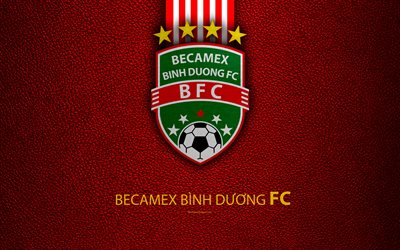 Becamex Binh Duong FC, 4k, textura de couro, logo, Vietnamita futebol clube, vermelho branco linhas, emblema, arte criativa, V-League 1, Thusaumot, Vietname, futebol