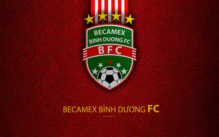 Becamex Binh Duong FC, 4k, leather texture, logo, Vietnamese football club, red white lines, emblem, creative art, V-League 1, Thusaumot, Vietnam, football