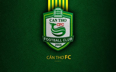 XSKT Can Tho FC, 4k, leather texture, logo, Vietnamese football club, green yellow lines, emblem, creative art, V-League 1, Can Tho, Vietnam, football