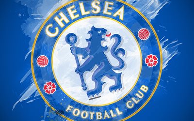 Chelsea FC, 4k, m&#229;la konst, logotyp, kreativa, Engelsk fotboll, Premier League, emblem, bl&#229; bakgrund, grunge stil, London, England, fotboll