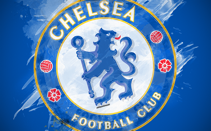 Chelsea FC, 4k, paint taidetta, logo, luova, Englanti jalkapallo joukkue, Premier League, tunnus, sininen tausta, grunge-tyyliin, Lontoo, Englanti, jalkapallo
