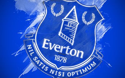 Everton FC, 4k, boya, sanat, logo, yaratıcı, İngiliz futbol takımı, UEFA Şampiyonlar Ligi, amblemi, mavi arka plan, grunge tarzı, Liverpool, İngiltere, futbol