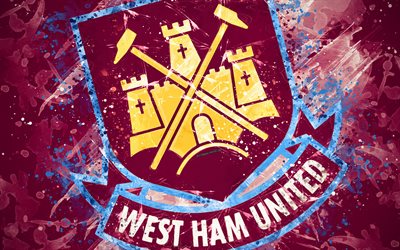 West Ham United FC, 4k, boya, sanat, logo, yaratıcı, İngiliz futbol takımı, UEFA Şampiyonlar Ligi, amblem, bordo arka plan, grunge tarzı, London, İngiltere, İNGİLTERE, futbol