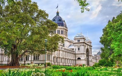 Royal Exhibition Building, Melbourne, sommar, gammal byggnad, Gotisk arkitektur, Carlton Gardens, Australien