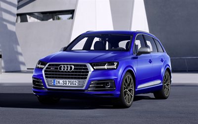 Audi SQ7, 4k, 2018 otomobil, SUV, Alman arabaları, mavi SQ7, tuning, Audi