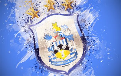 Huddersfield Town AFC, 4k, paint taidetta, logo, luova, Englanti jalkapallo joukkue, Premier League, tunnus, sininen tausta, grunge-tyyliin, Huddersfield, Englanti, UK, jalkapallo