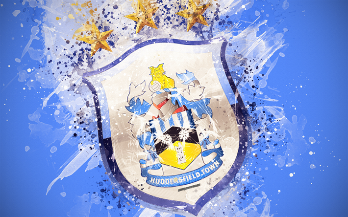 Huddersfield Town AFC, 4k, pintura, arte, logotipo, creativo, equipo de f&#250;tbol ingl&#233;s, la Premier League, el emblema, fondo azul, estilo grunge, Huddersfield, Inglaterra, reino unido, f&#250;tbol