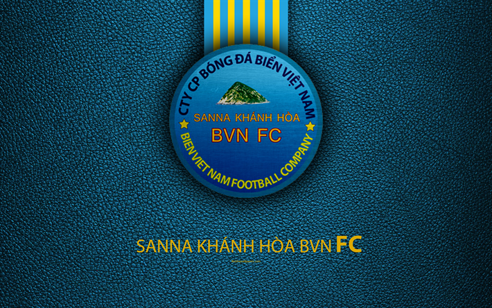 Sanna Khanh Hoa BVN FC, 4k, textura de cuero, logotipo, Vietnamita club de f&#250;tbol, azul, amarillo l&#237;neas, emblema, arte creativo, V-League 1, Hahn-Hta, Vietnam, f&#250;tbol