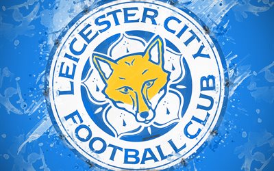 Leicester City FC, 4k, paint taidetta, logo, luova, Englanti jalkapallo joukkue, Premier League, tunnus, sininen tausta, grunge-tyyliin, Leicester, Englanti, UK, jalkapallo