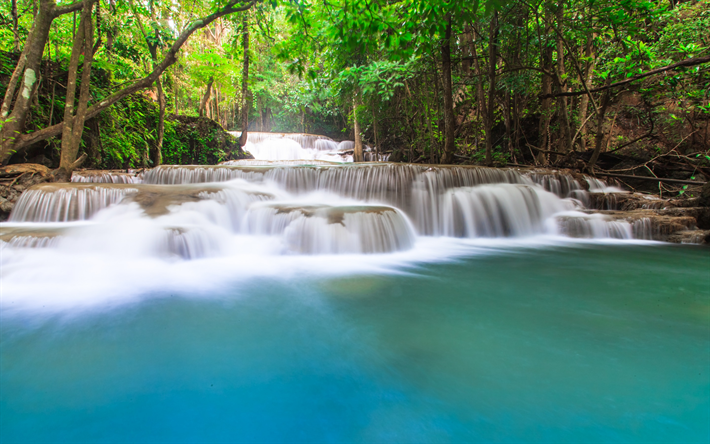cascadas, bosque tropical, Tailandia, el agua turquesa, hermoso paisaje, bosque