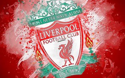 Liverpool FC, 4k, paint taidetta, logo, luova, Englanti jalkapallo joukkue, Premier League, tunnus, punainen tausta, grunge-tyyliin, Liverpool, Englanti, UK, jalkapallo
