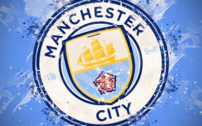 Manchester City FC, 4k, paint taidetta, logo, luova, Englanti jalkapallo joukkue, Premier League, tunnus, sininen tausta, grunge-tyyliin, Manchester, Englanti, UK, jalkapallo