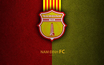Nam Dinh FC, 4k, du cuir &#224; la texture, le logo, les Vietnamiens club de football, jaune, rouge, embl&#232;me, art cr&#233;atif, V-Ligue 1, Namdin, le Vietnam, le football