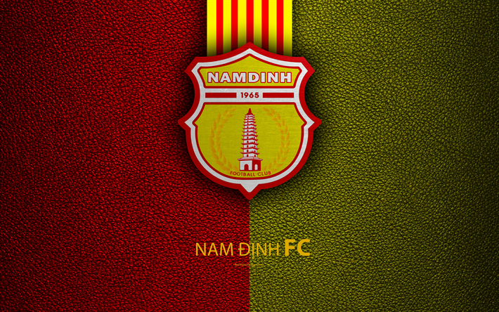 Nam Dinh FC, 4k, textura de couro, logo, Vietnamita futebol clube, amarelo com linhas vermelhas, emblema, arte criativa, V-League 1, Namdin, Vietname, futebol