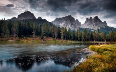 mountain landscape, morning, river, cloudy weather, clouds, Dolomites, Italy