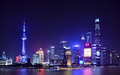 4k, Shanghai, skyskrapor, illuminationer, moderna byggnader, Kina, Asien