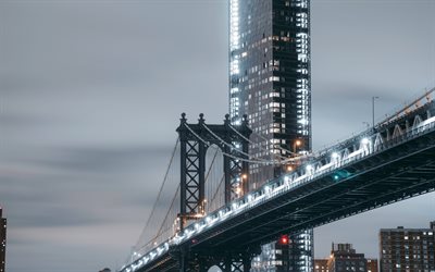 4k, Brooklyn Bridge, natt, NYC, moderna byggnader, New York, USA, Amerika