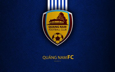 Quang Nam FC, 4k, textura de couro, logo, Vietnamita futebol clube, azul linhas brancas, emblema, arte criativa, V-League 1, Quan Para, Vietname, futebol