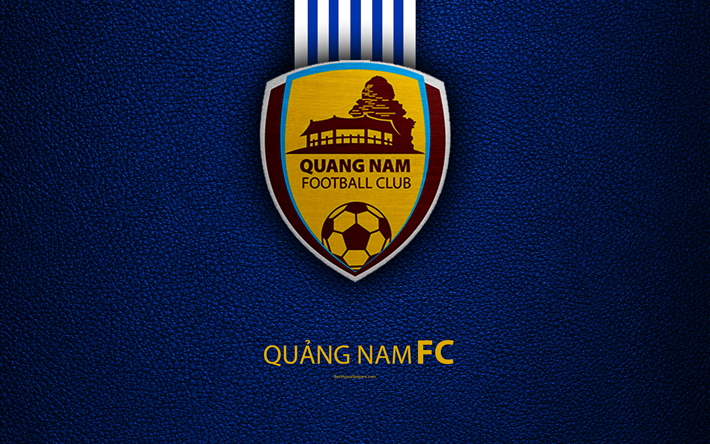 Quang Nam FC, 4k, leather texture, logo, Vietnamese football club, blue white lines, emblem, creative art, V-League 1, Quan Nam, Vietnam, football