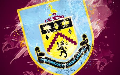 Burnley FC, 4k, paint art, logo, creative, English football team, Premier League, emblem, burgundy background, grunge style, Burnley, England, UK, football