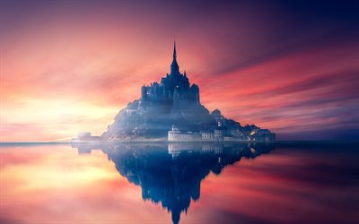 Mont-Saint-Michel, 4k, ranskan maamerkkej&#228;, saari, aamulla, Ranska, Euroopassa