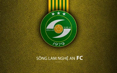 Song Lam Nghe An FC, 4k, leather texture, logo, Vietnamese football club, yellow green lines, emblem, creative art, V-League 1, Vinh, Vietnam, football
