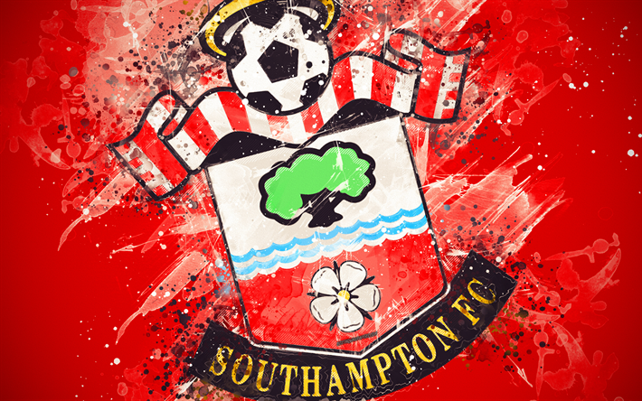 Southampton FC, 4k, peinture d&#39;art, logo, cr&#233;atif, &#233;quipe de football d&#39;angleterre, Premier League, l&#39;embl&#232;me, le fond rouge, style grunge, Southampton, Angleterre, royaume-UNI, le football