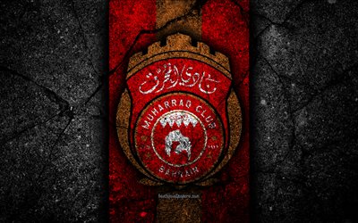 Muharraq 4k, Al-Muharraq FC, logo, Bahreyn Futbol Kul&#252;b&#252;, futbol, siyah taş, Bahreyn Premier Lig Al-Muharraq, asfalt doku, FC Al-