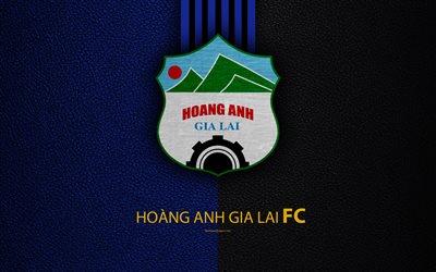 Hoang Anh Gia Lai FC, 4k, textura de cuero, logotipo, Vietnamita club de f&#250;tbol, azul l&#237;neas de color negro, con el emblema de arte creativo, V-League 1, Pleiku, Vietnam, f&#250;tbol