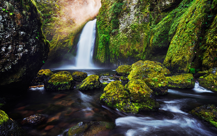 waterfall, rock, mountain river, evening, sunset, green moss on rocks, environment, ecology, Earth
