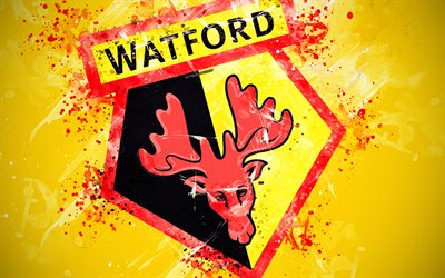 Watford FC, 4k, a arte de pintura, logo, criativo, Equipe de futebol inglesa, Premier League, emblema, fundo amarelo, o estilo grunge, Watford, Inglaterra, Reino UNIDO, futebol